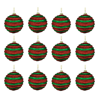 12 Pack of Red and Green Wavy Ball Ornaments with Glitter Enhancements