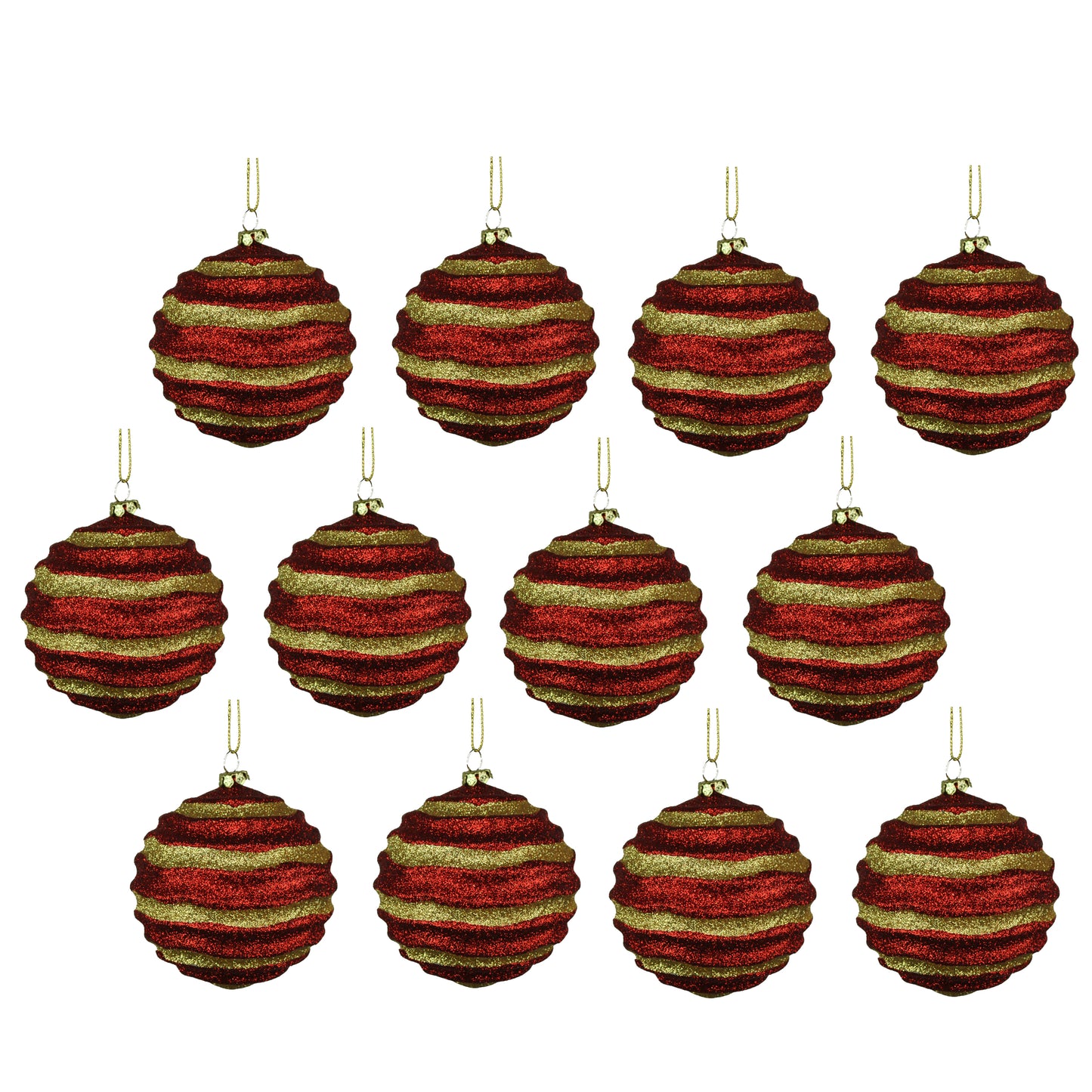 12 Pack of Red and Gold Wavy Ball Ornaments with Glitter Enhancements