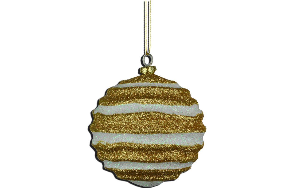 12 Pack of Gold and White Wavy Ball Ornaments with Glitter Enhancements