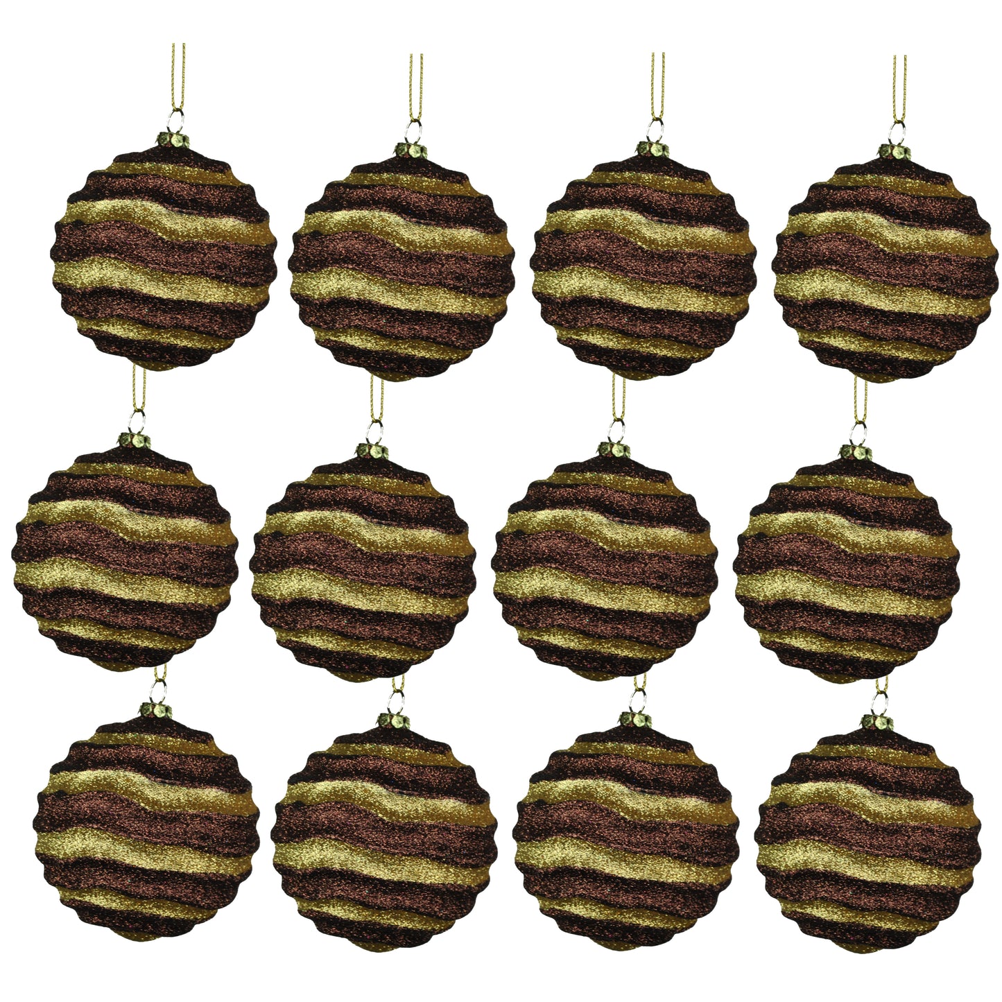 12 Pack of Brown and Gold Wavy Ball Ornament with Glitter Enhancements