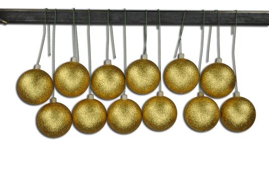 12 Pack 60mm 2.5" Glitter Gold Ball Ornament with Wire