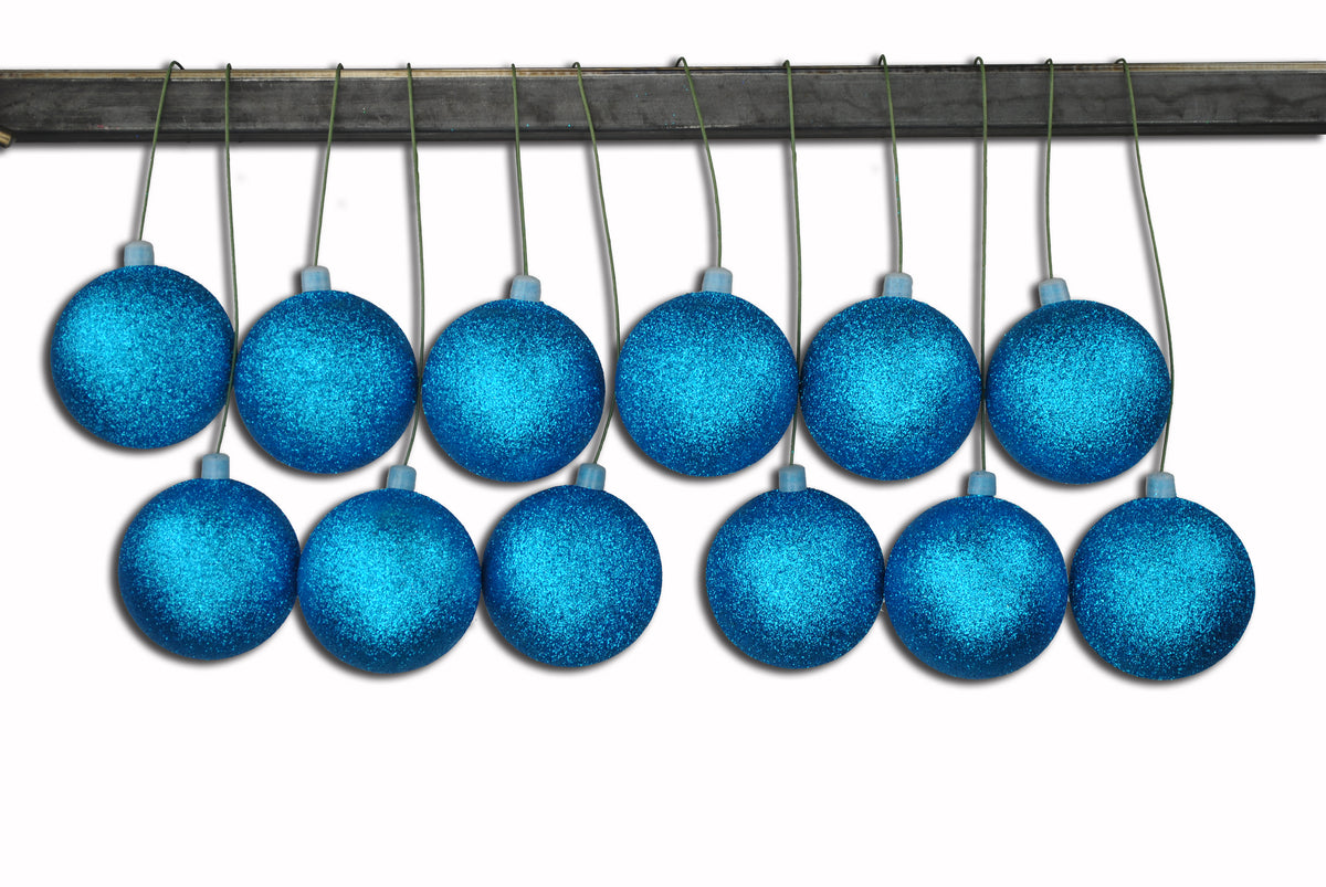 12 Pack 80mm 3" Aqua Glitter Ball Ornament with Wire