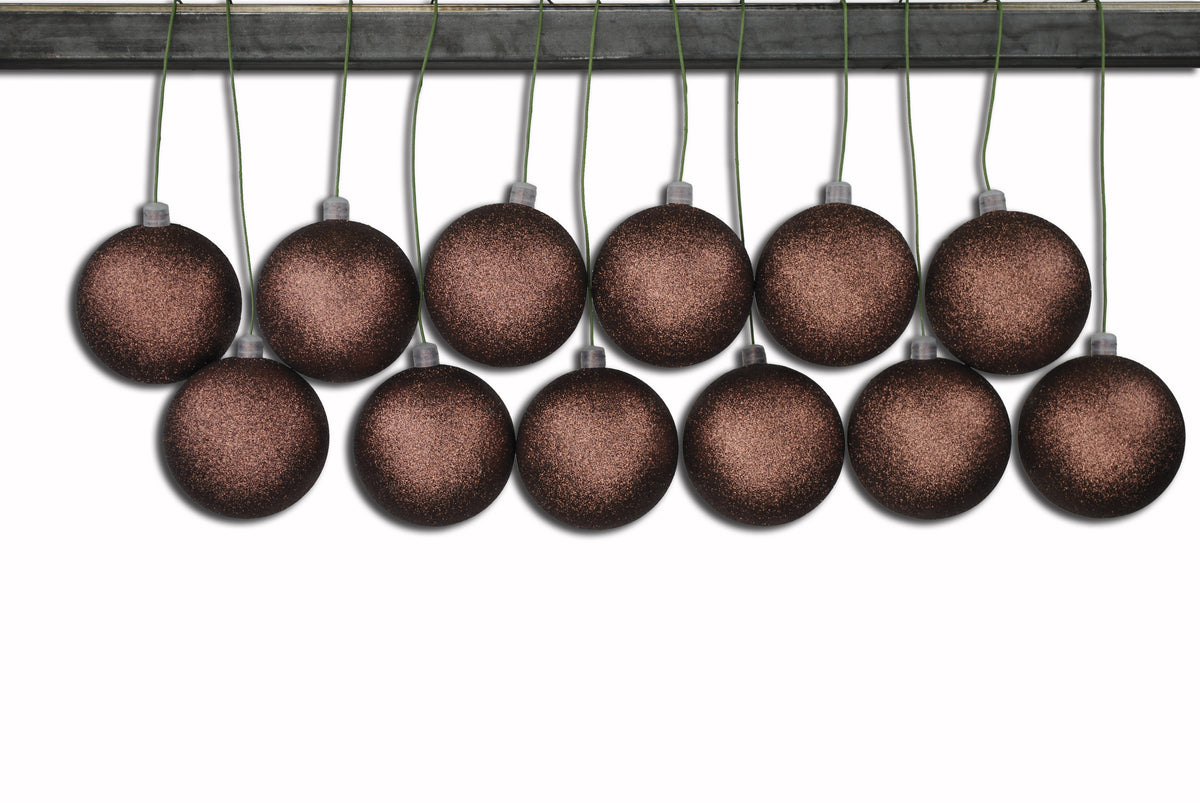 12 Pack 80mm 3" Brown Glitter Ball Ornament with Wire