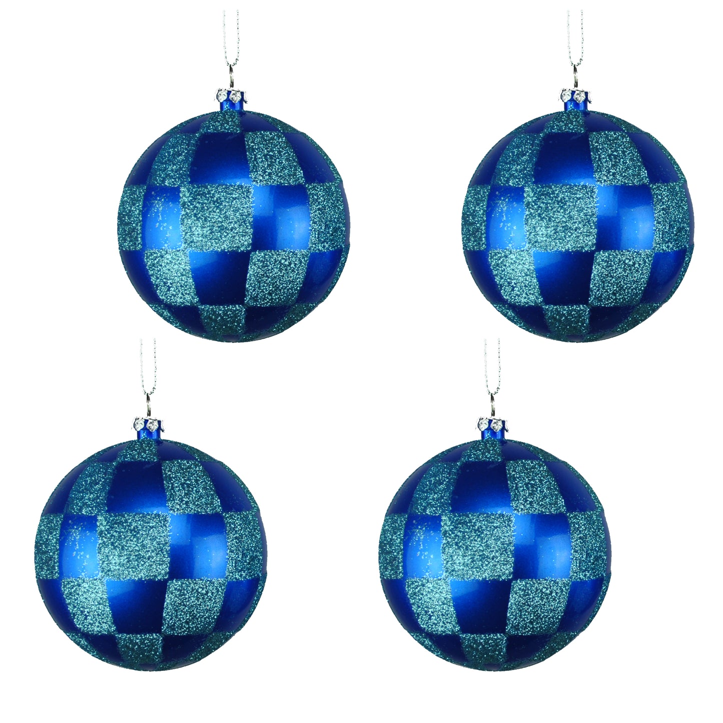 4 pack of Blue and Teal Checkered Ball Ornament with Glitter Enhancements