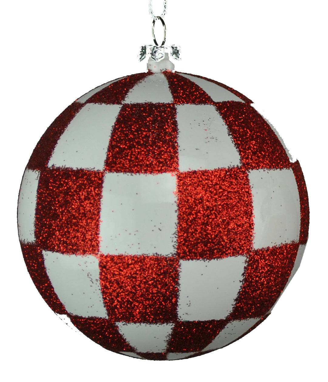 4 Pack of Red and White Checkered Ball Ornaments with Glitter Enhancements