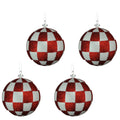 4 Pack of Red and White Checkered Ball Ornaments with Glitter Enhancements