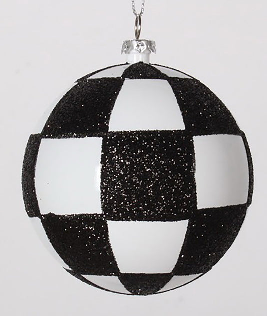 4 Pack of Black and White Checkered Ball Ornaments with Glitter Enhancements