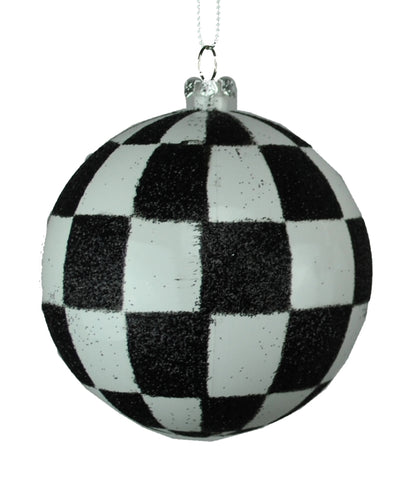 4 Pack of Black and White Checkered Ball Ornaments with Glitter Enhancements