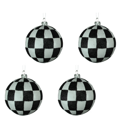 4 Pack of Black and White Checkered Ball Ornaments with Glitter Enhancements