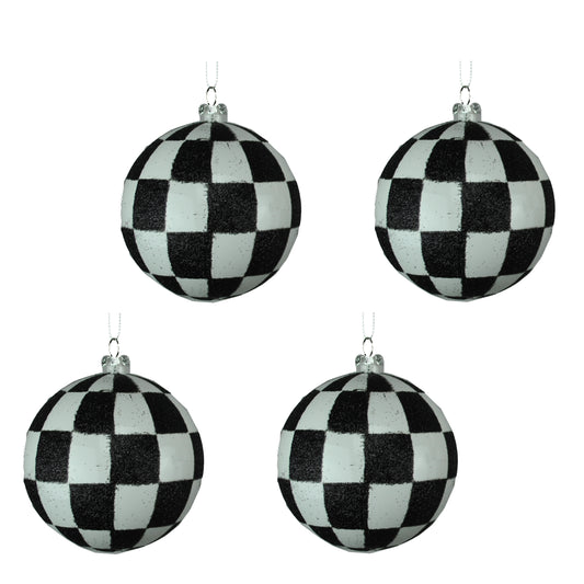 4 Pack of Black and White Checkered Ball Ornaments with Glitter Enhancements