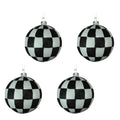 4 Pack of Black and White Checkered Ball Ornaments with Glitter Enhancements