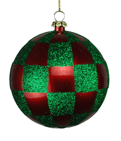 4 Pack of Red and Green Checkered Ball Ornaments with Glitter Enhancements