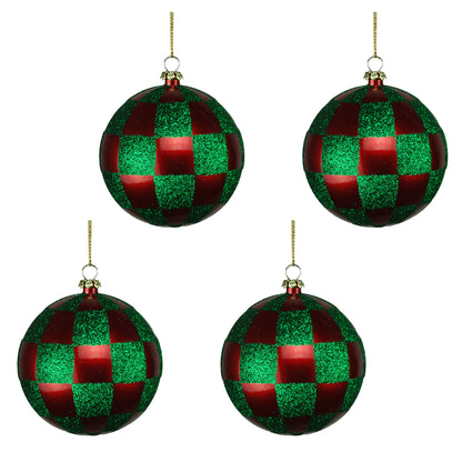 4 Pack of Red and Green Checkered Ball Ornaments with Glitter Enhancements