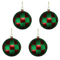 4 Pack of Red and Green Checkered Ball Ornaments with Glitter Enhancements