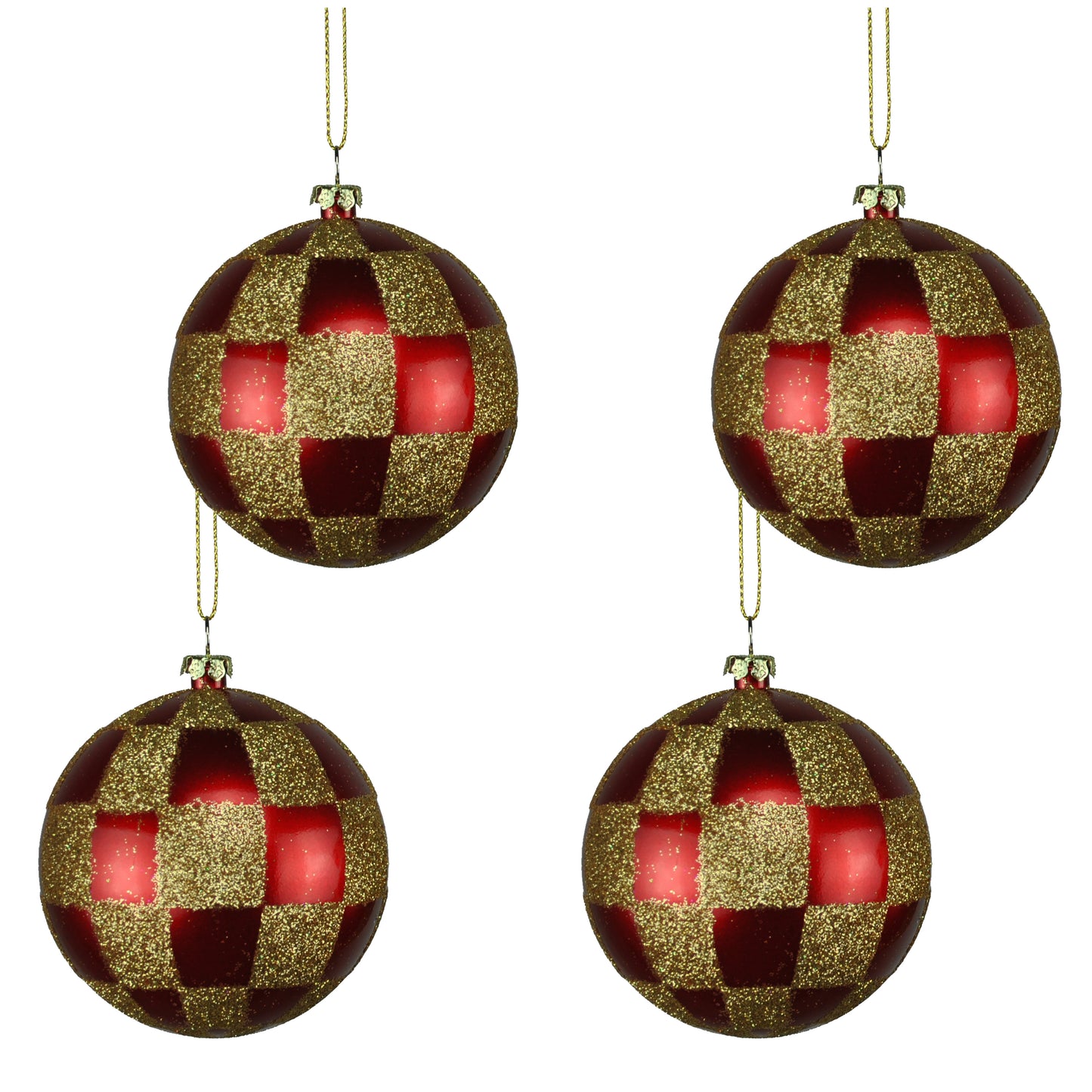 4 Pack of Red and Gold Checkered Ornaments with Glitter Enhancements