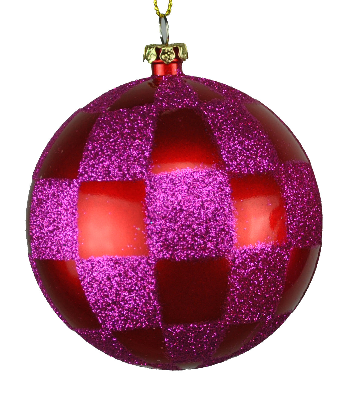 4 Pack of Red and Hot Pink Checkered Ball Ornaments with Glitter Enhancements