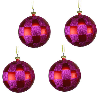 4 Pack of Red and Hot Pink Checkered Ball Ornaments with Glitter Enhancements