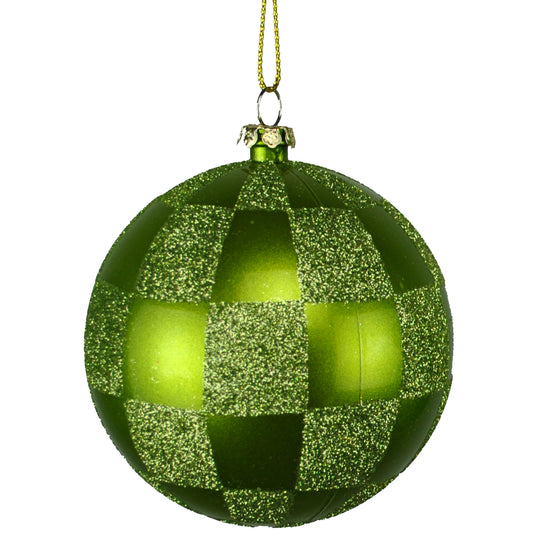 4 Pack of Lime Green and Sage Checkered Ball Ornaments with Glitter Enhancements