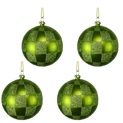 4 Pack of Lime Green and Sage Checkered Ball Ornaments with Glitter Enhancements