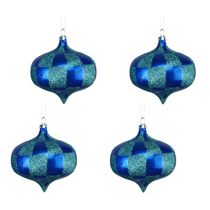 4 Pack of Blue and Teal Checkered Onion Ornaments with Glitter Enhancements