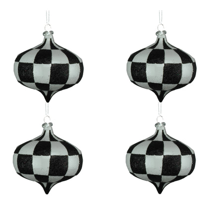 4 Pack of White and Black Checkered Onion Ornaments with Glitter Enhancements