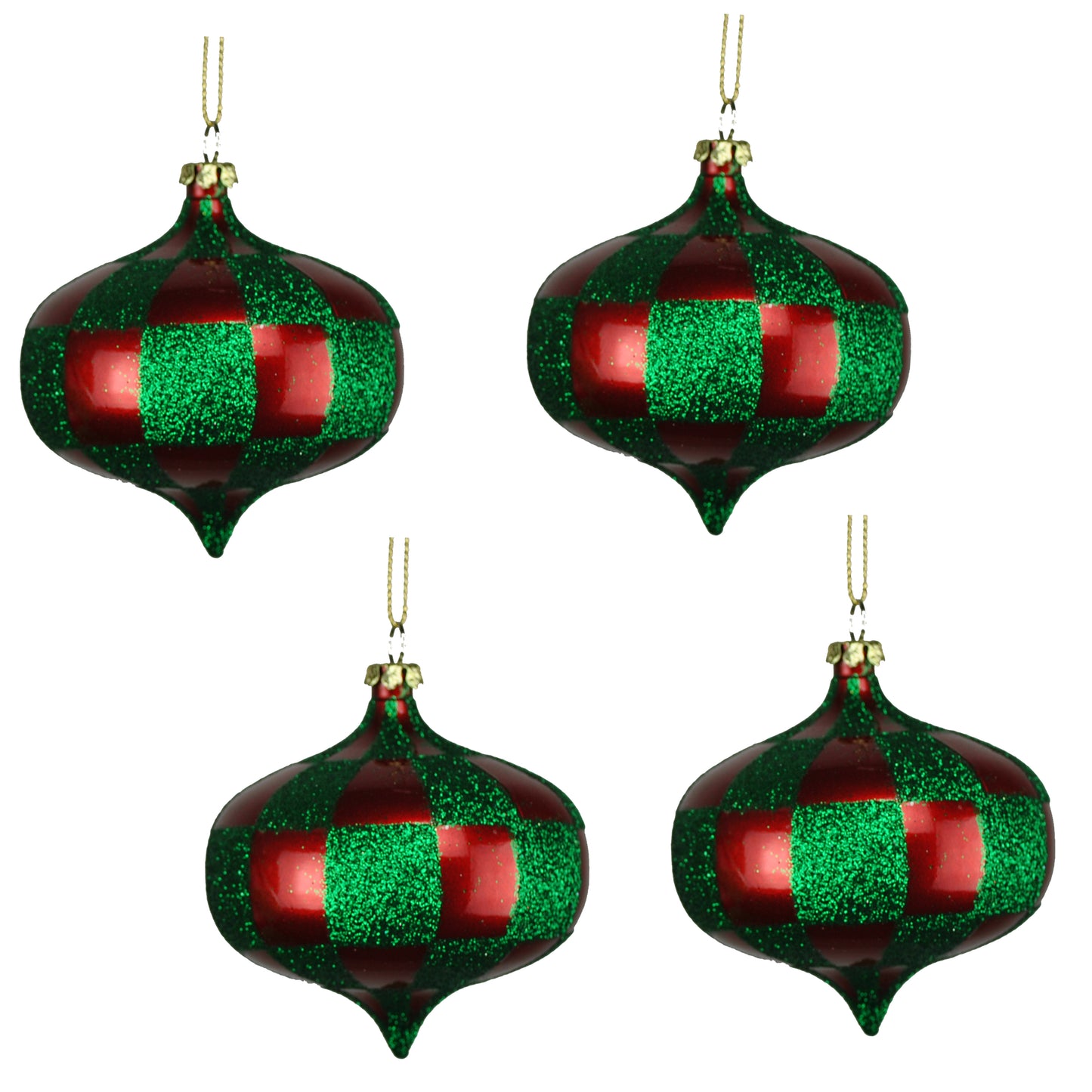 4 Pack of Red and Green Checkered Onion Ornaments with Glitter Enhancements