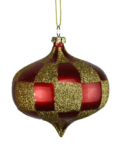 4 Pack of Red and Gold Checkered Onion Ornaments with Glitter Enhancements