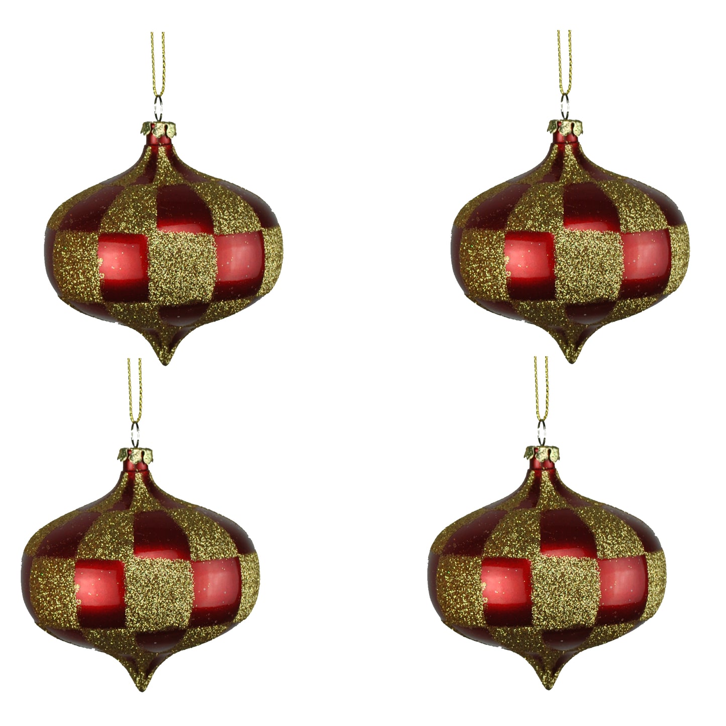 4 Pack of Red and Gold Checkered Onion Ornaments with Glitter Enhancements