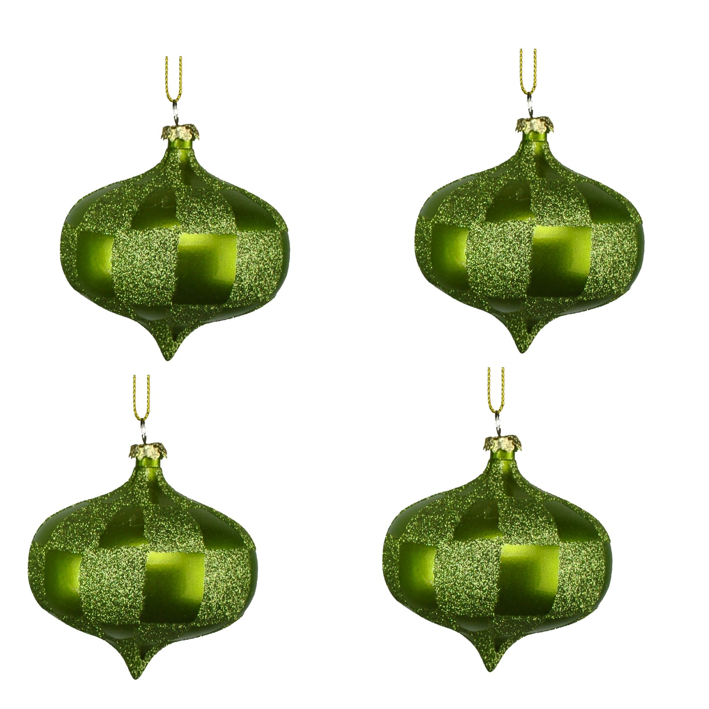 4 Pack of Lime Green and Sage Checkered Onion Ornaments with Glitter Enhancements