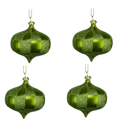 4 Pack of Lime Green and Sage Checkered Onion Ornaments with Glitter Enhancements