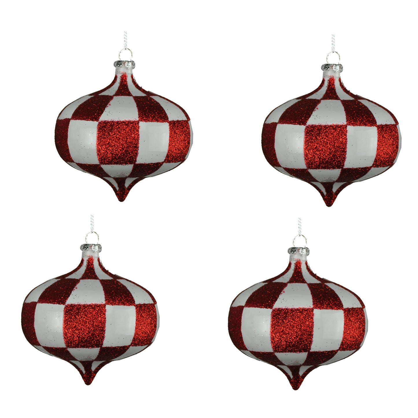 4 Pack of Red and White Checkered Onion Ornaments with Glitter Enhancements