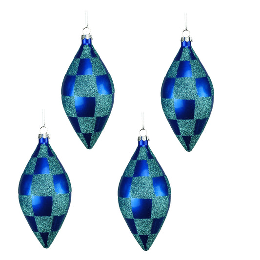 4 Pack or Blue and Teal Checkered Teardrop Ornaments with Glitter Enhancements