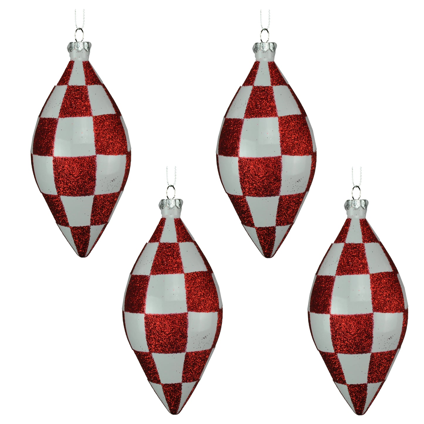 4 Pack of Red and White Checkered Teardrop Ornaments with Glitter Enhancments