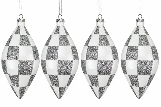 4 Pack of White and Silver Checkered Teardrop Ornaments with Glitter Enhancements