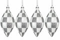 4 Pack of White and Silver Checkered Teardrop Ornaments with Glitter Enhancements