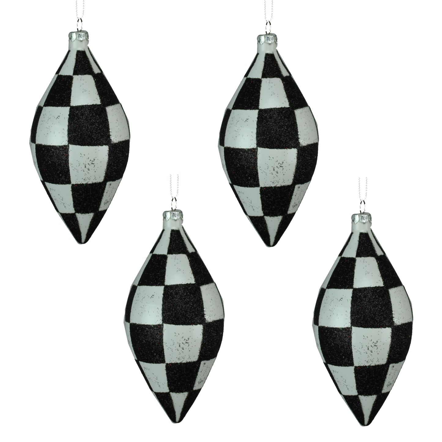 4 Pack of Black and White Checkered Teardrop Ornaments with Glitter Enhancements