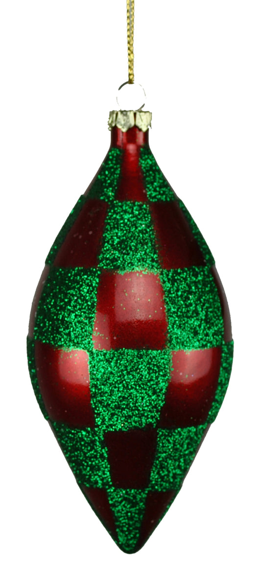 4 Pack of Red and Green Checkered Teardrop Ornaments with Glitter Enhancements