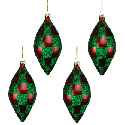 4 Pack of Red and Green Checkered Teardrop Ornaments with Glitter Enhancements