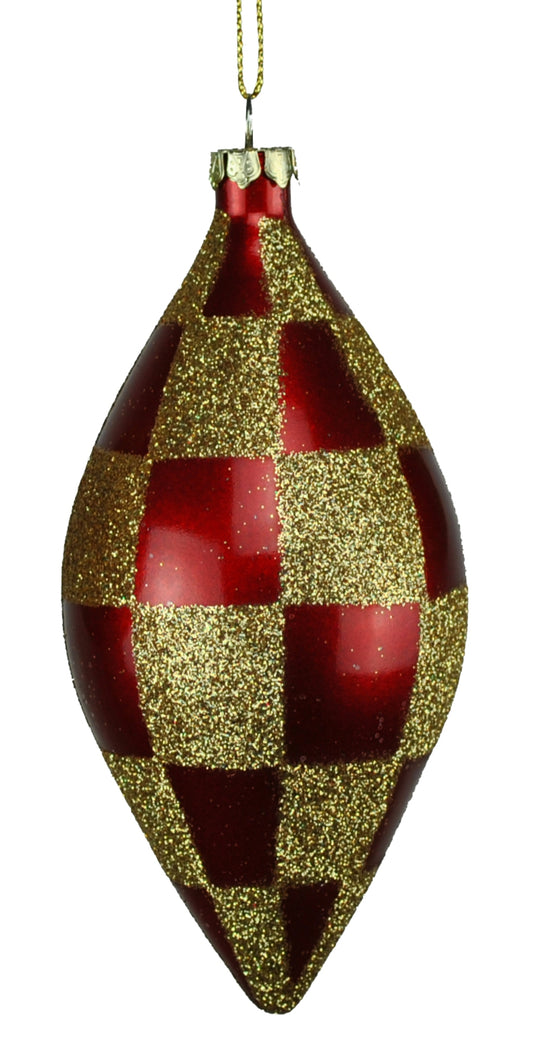 4 Pack of Red and Gold Checkered Teardrop Ornaments with Glitter Enhancements