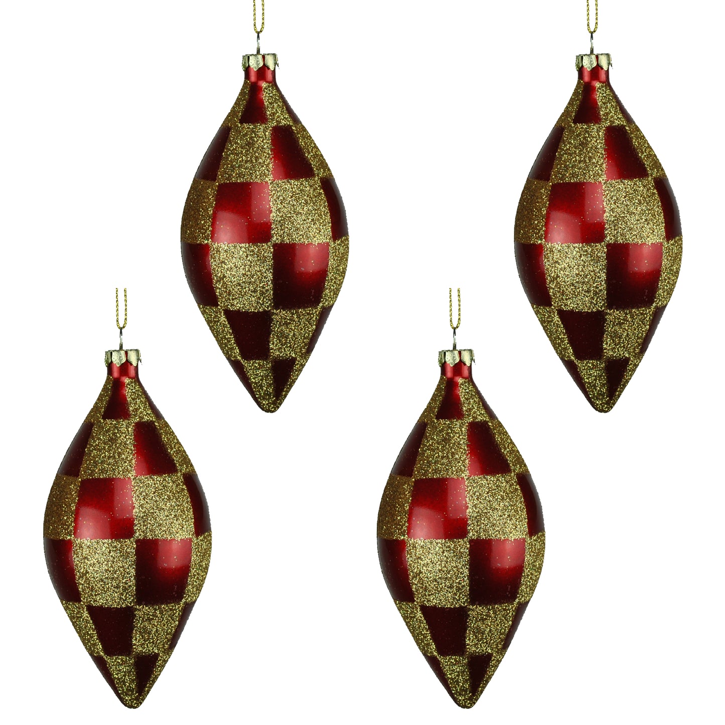 4 Pack of Red and Gold Checkered Teardrop Ornaments with Glitter Enhancements