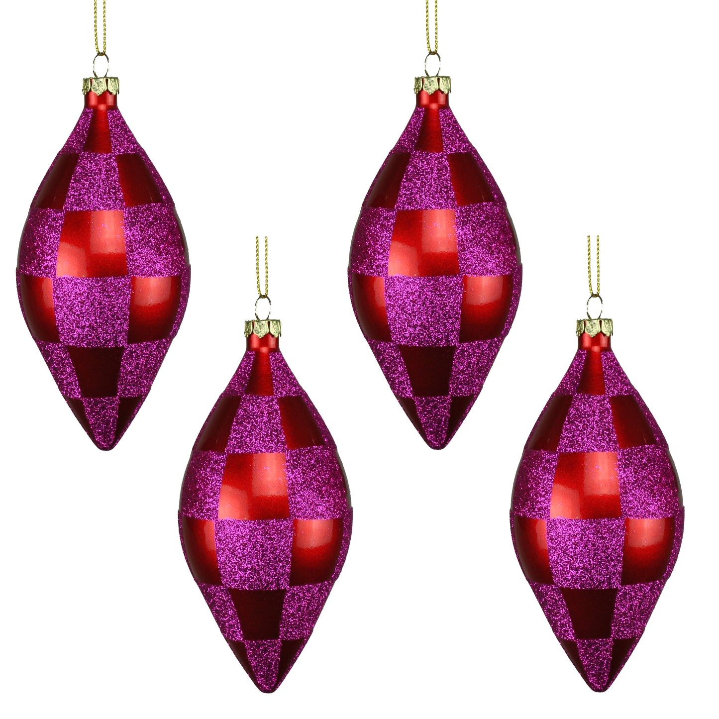 4 Pack or Red and Hot Pink Checkered Teardrop Ornaments with Glitter Enhancements