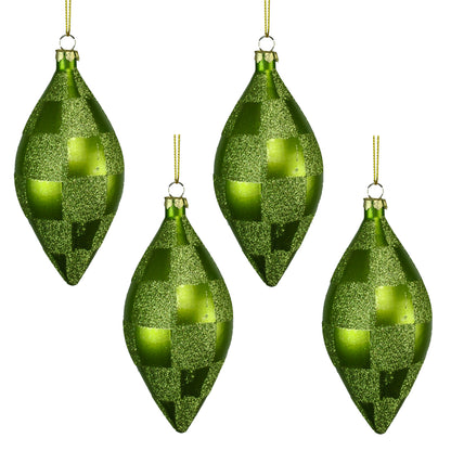 4 Pack of Lime Green and Sage Checkered Teardrop Ornaments with Glitter Enhancements