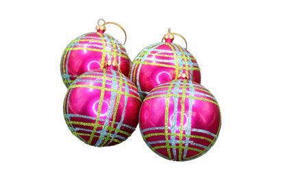 4 Pack of Hot Pink, Lime Green, and Teal Striped Ball Ornaments with Glitter Enhancements