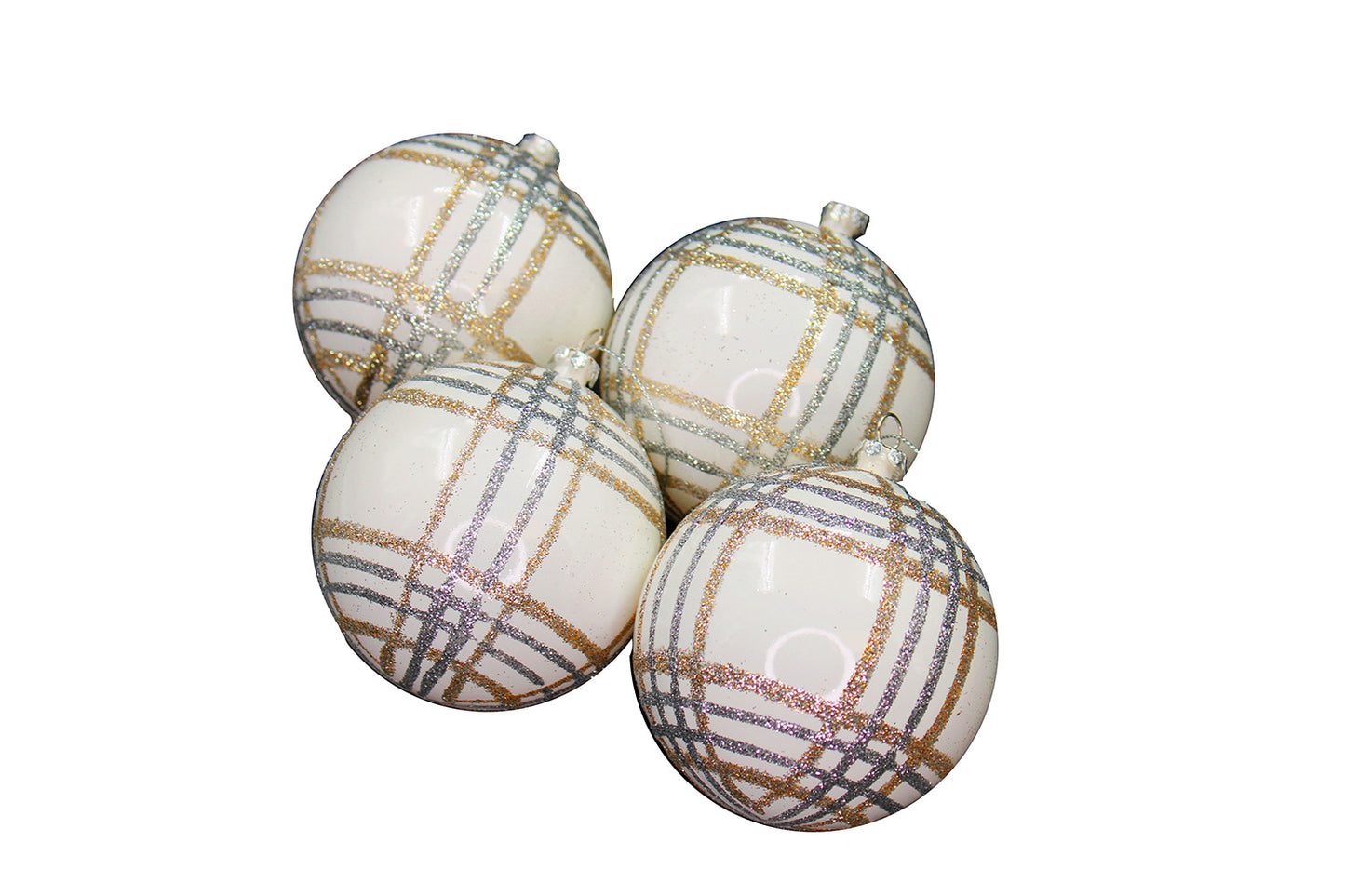 4 Pack of White, Champagne, and Silver Striped Ball Ornaments with Glitter Enhancements