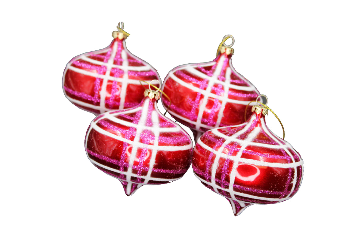 4 Pack of Red, Hot Pink, and White Striped Onion Ornaments with Glitter Enhancements