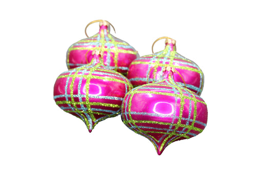 4 Pack of Hot Pink, Lime Green, and Teal Striped Onion Ornaments with Glitter Enhancements