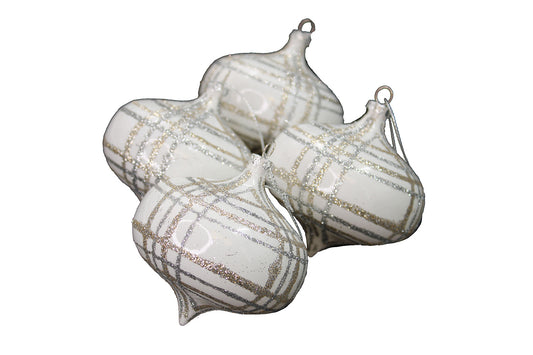 4 Pack of White, Champagne, and Silver Striped Onion Ornaments with Glitter Enhancements