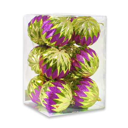 12 Pack of Lime Green, Gold, and Purple Ball Ornaments