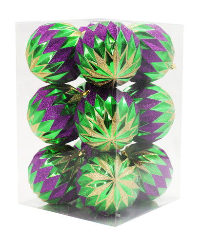 12 Pack Green, Gold and Purple Assorted Ball Ornaments