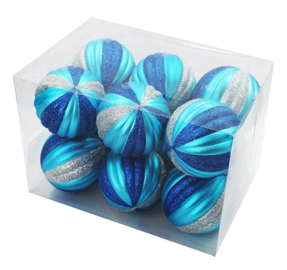 12 Pack Blue, Aqua and Silver Assorted Ball Ornaments